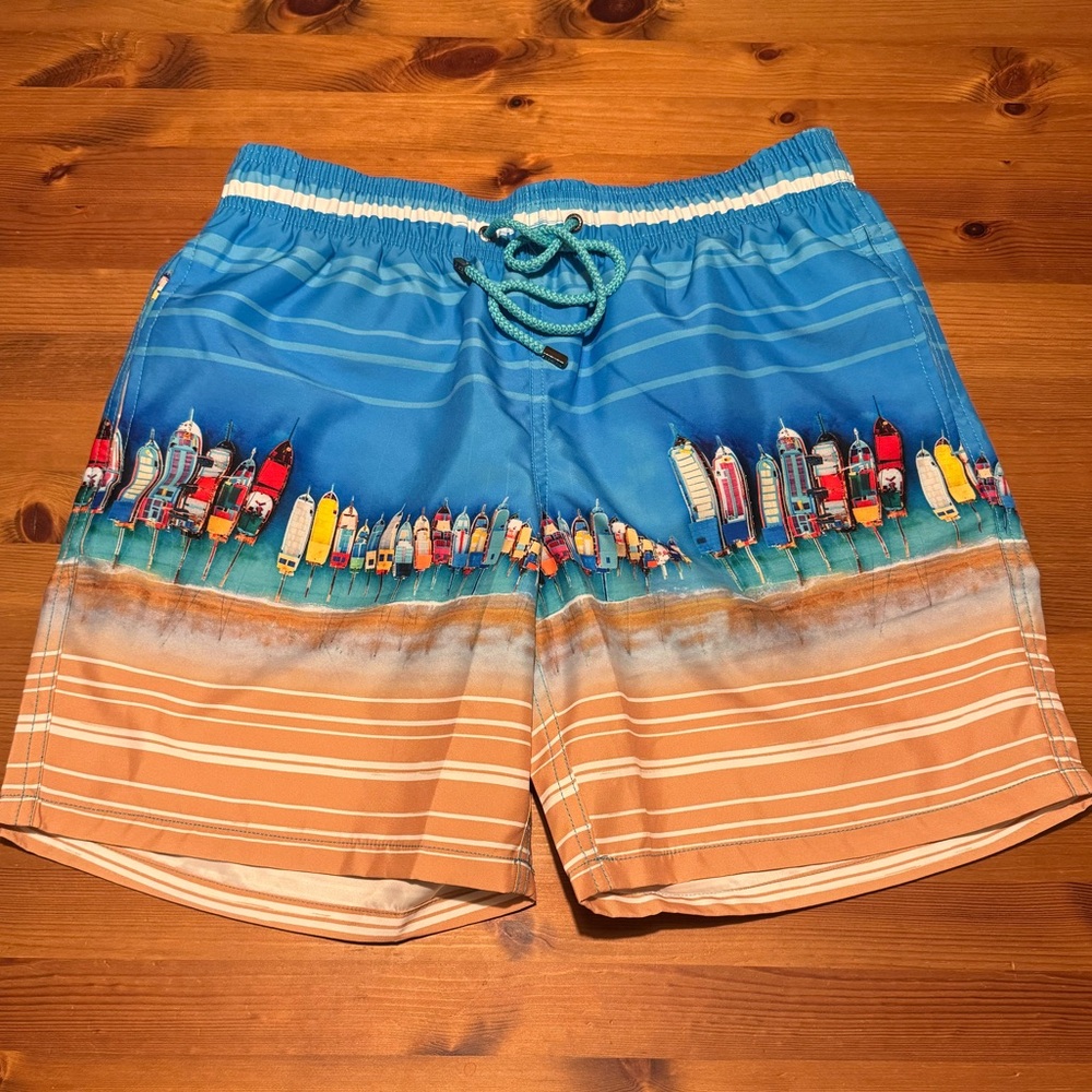Bugatchi Blue and Tan Swim Board Shorts